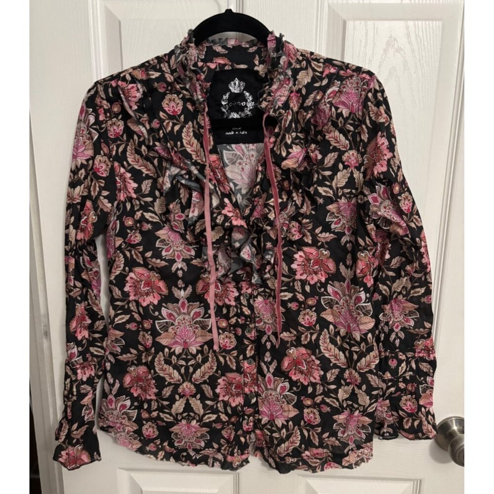 Cino |‎ Black Red Pink Floral Ruffle Blouse 109108 Sundance BMLT Sz S